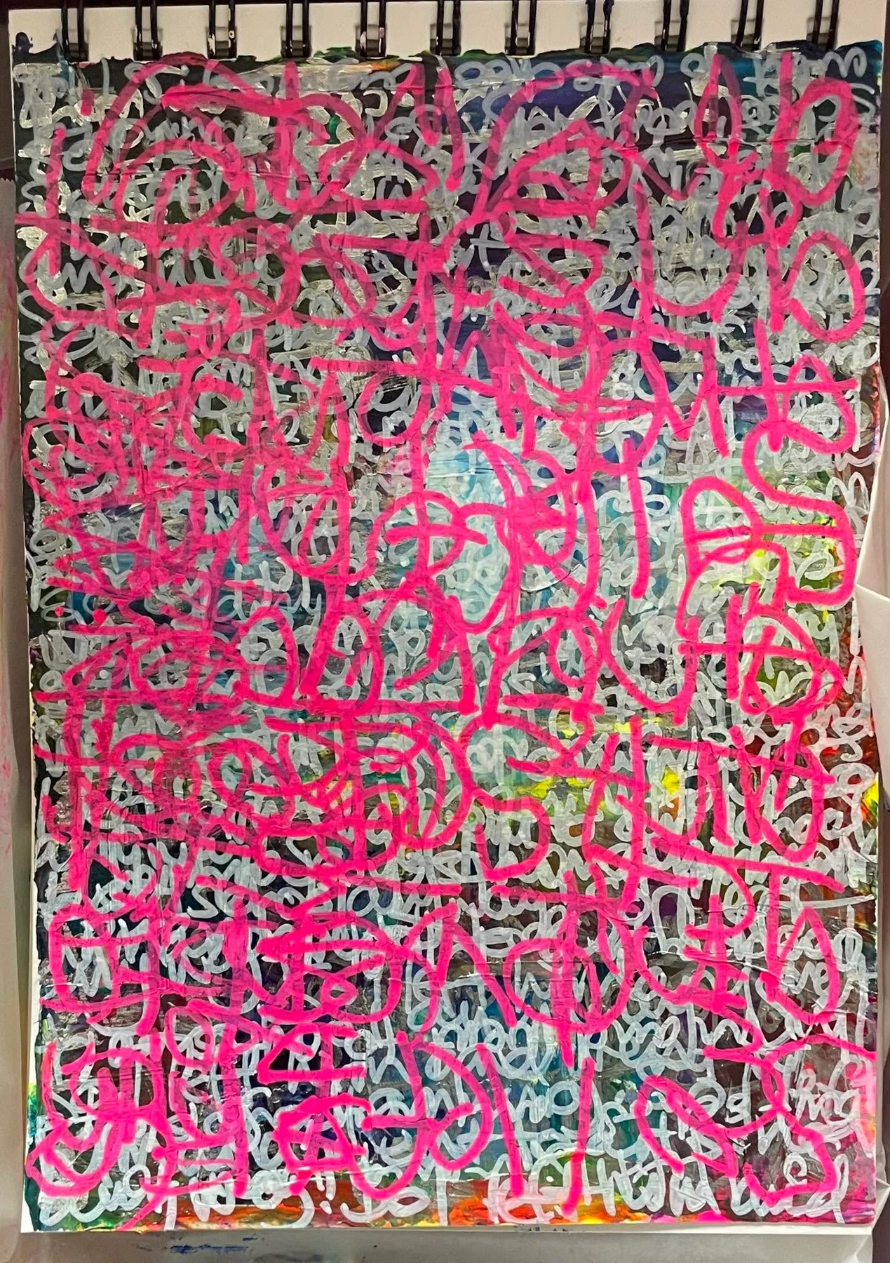Layered abstract painting with vivid pink looping marks